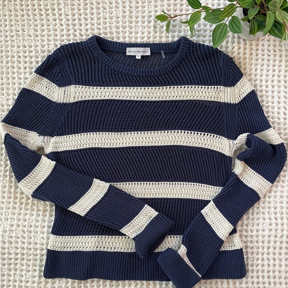 White + Warren Sweaters - White + Warren Luxury brand Blue and White Crew Neck Sweater